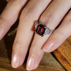 Rectangle Emerald Cut Red Rhodolite & Diamond Step Shoulder 14K White Gold Ring