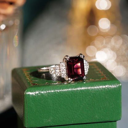 Rectangle Emerald Cut Red Rhodolite & Diamond Step Shoulder 14K White Gold Ring
