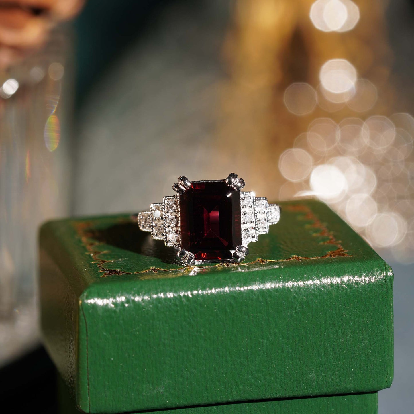 rectangle emerald cut red rhodolite & diamond step shoulder 14k white gold ring