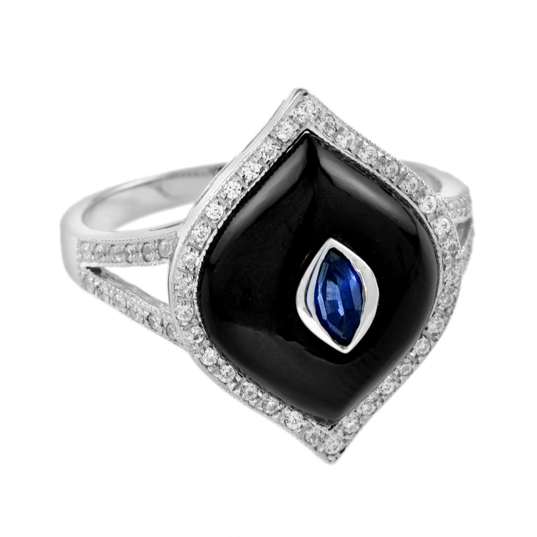 Marquise Shape Blue Sapphire Black Onyx Diamond Halo Split Shank White Gold Ring