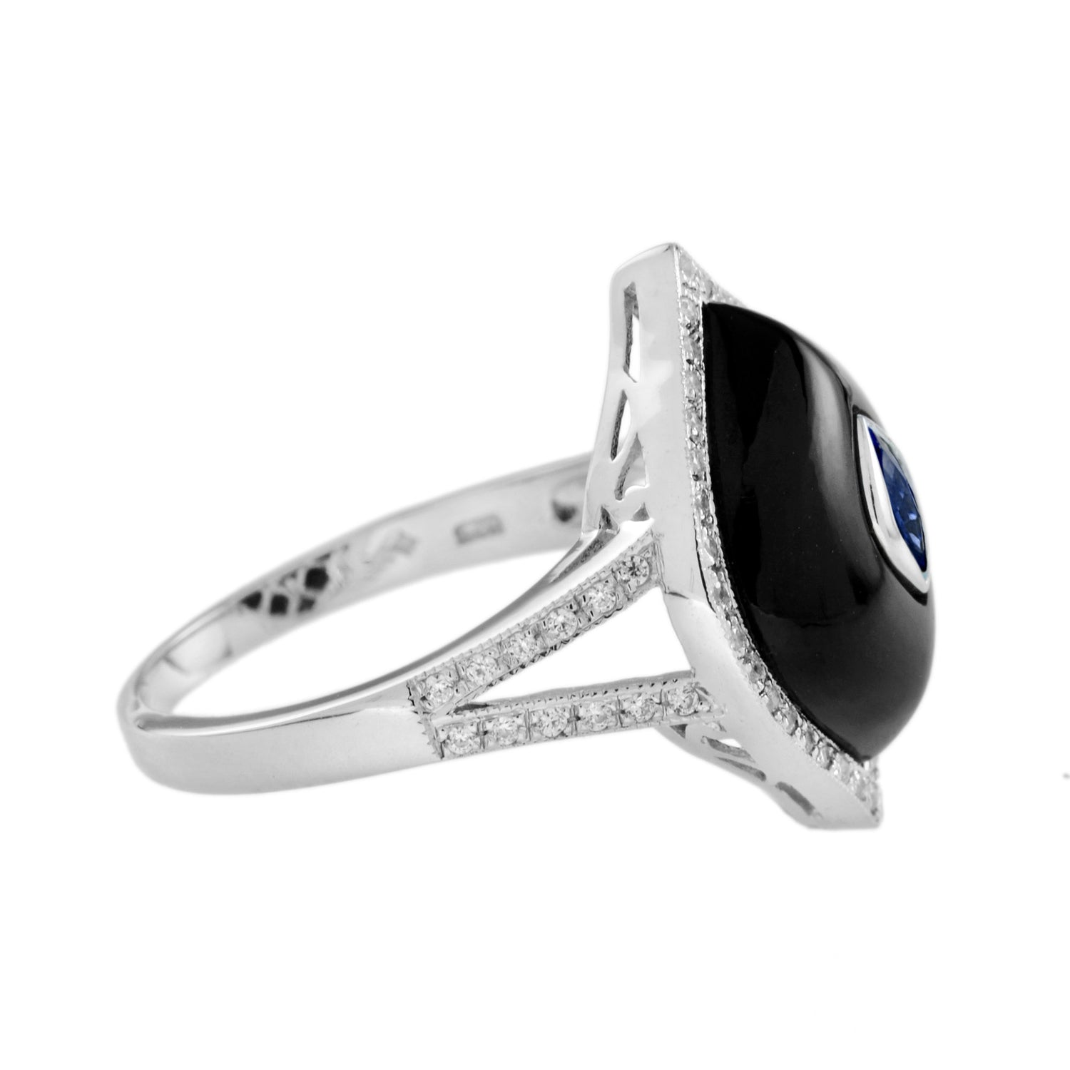 Marquise Shape Blue Sapphire Black Onyx Diamond Halo Split Shank White Gold Ring