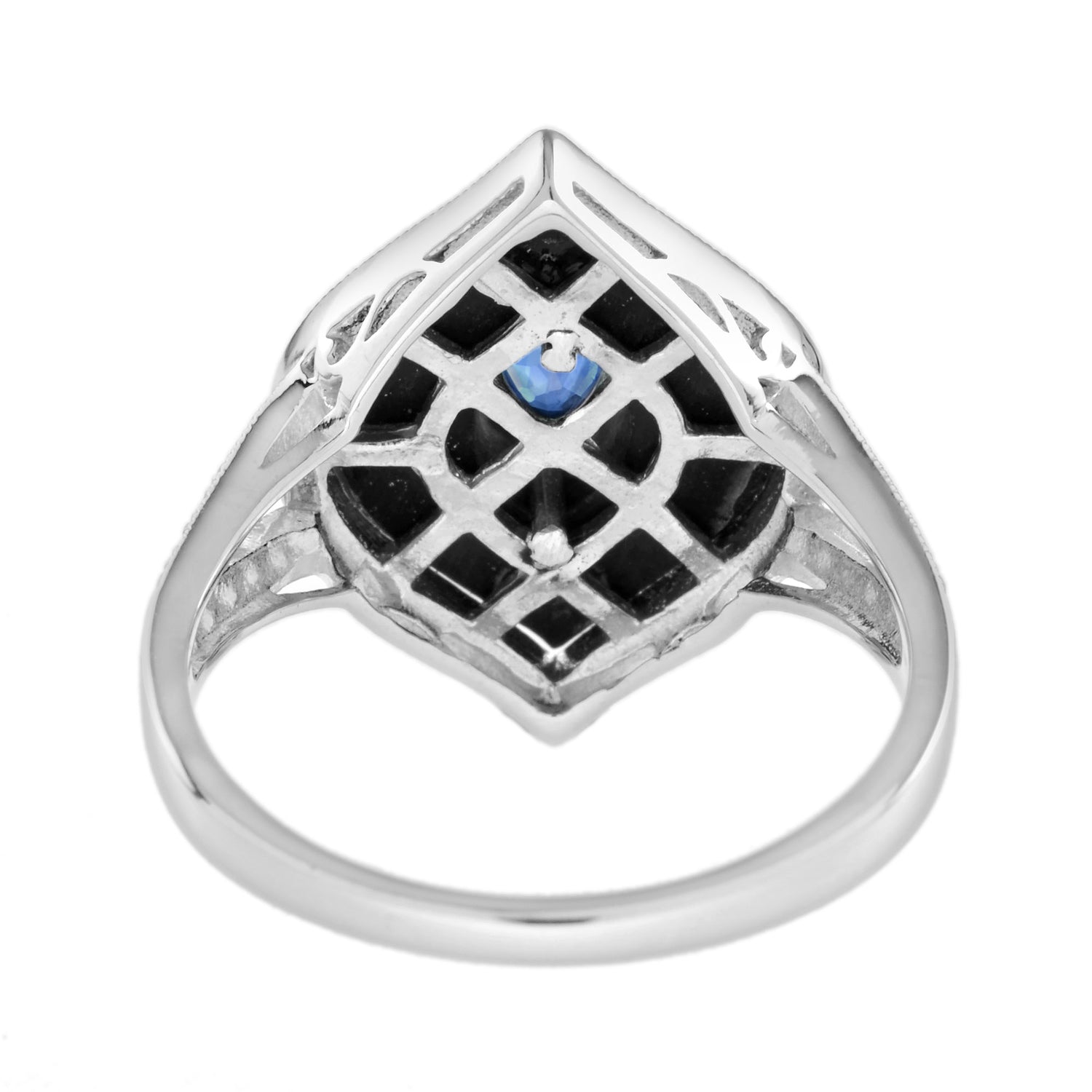 Marquise Shape Blue Sapphire Black Onyx Diamond Halo Split Shank White Gold Ring