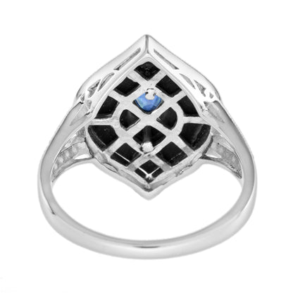Marquise Shape Blue Sapphire Black Onyx Diamond Halo Split Shank White Gold Ring