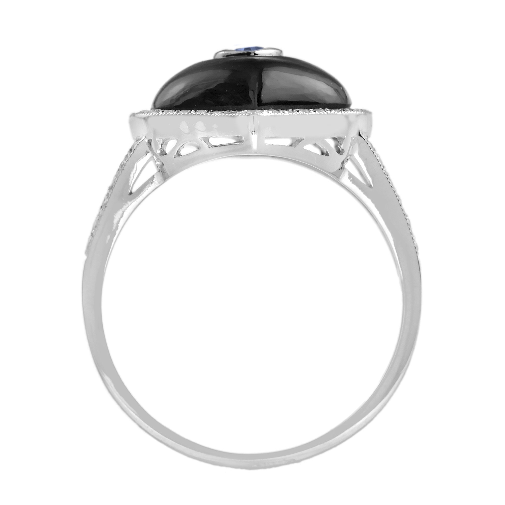 Marquise Shape Blue Sapphire Black Onyx Diamond Halo Split Shank White Gold Ring