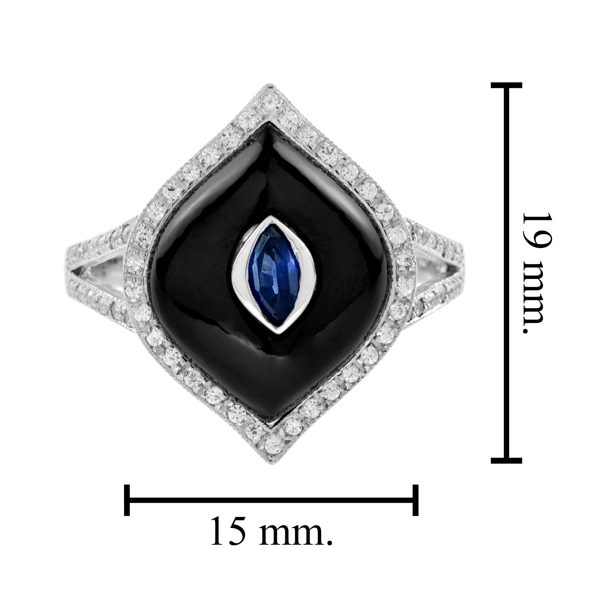 Marquise Shape Blue Sapphire Black Onyx Diamond Halo Split Shank White Gold Ring