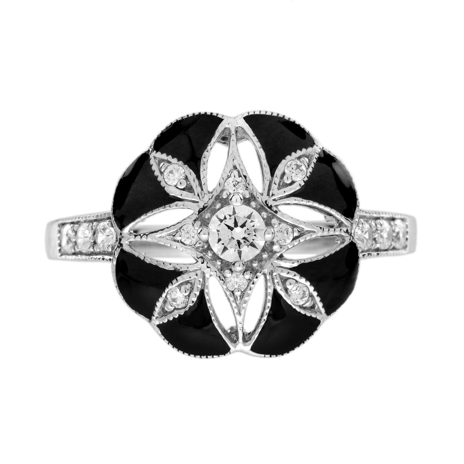 Diamond Black Enamel Art Deco Style Floral Halo Earring Ring &amp; Pendant Set