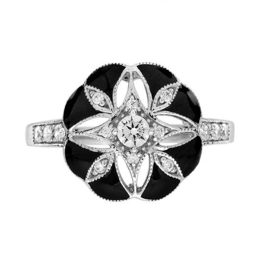 Diamond & Black Enamel Art Deco Style Floral Flower White Gold Ring