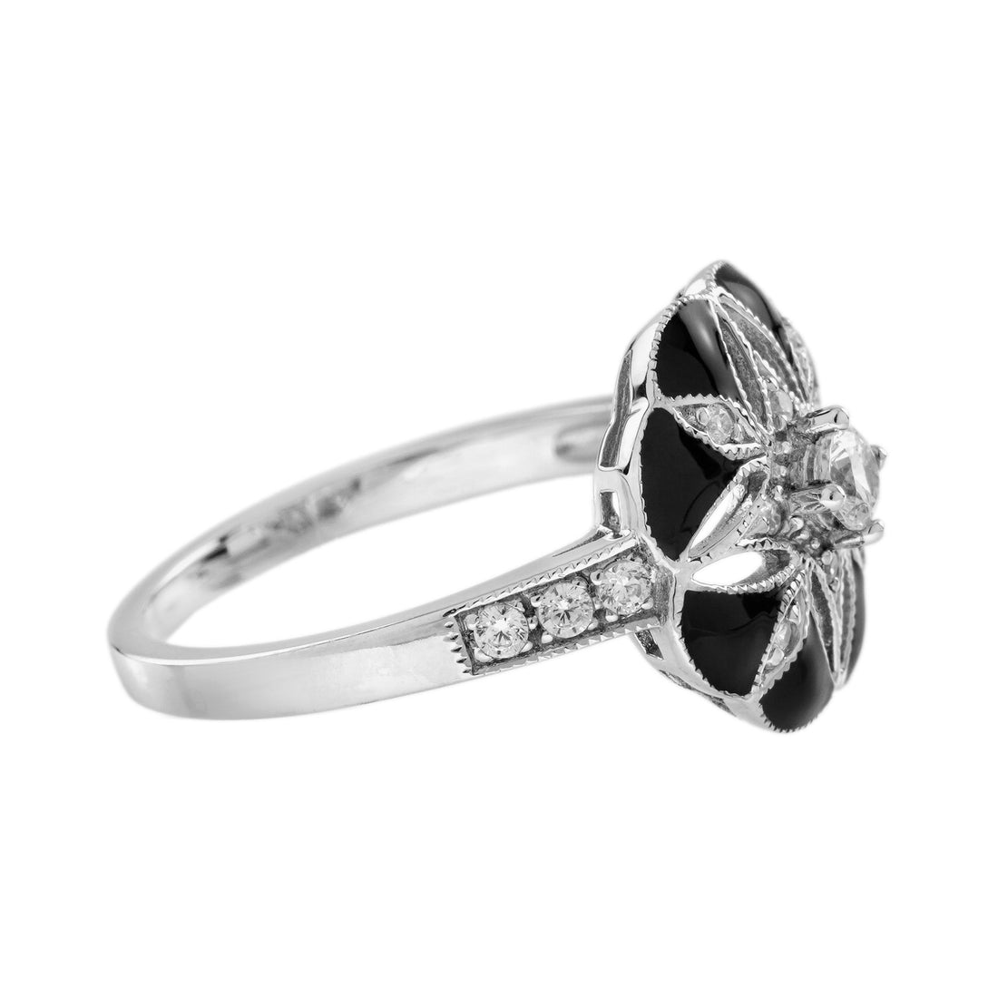 Diamond &amp; Black Enamel Art Deco Style Floral Flower White Gold Ring