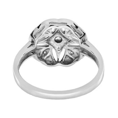 Diamond &amp; Black Enamel Art Deco Style Floral Flower White Gold Ring