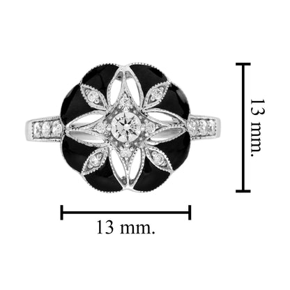 Diamond &amp; Black Enamel Art Deco Style Floral Flower White Gold Ring