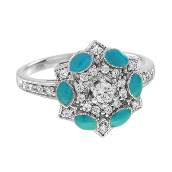 0.30 Ctw Art Deco Style Diamond & Blue Enamel White Gold Floral Cluster Ring