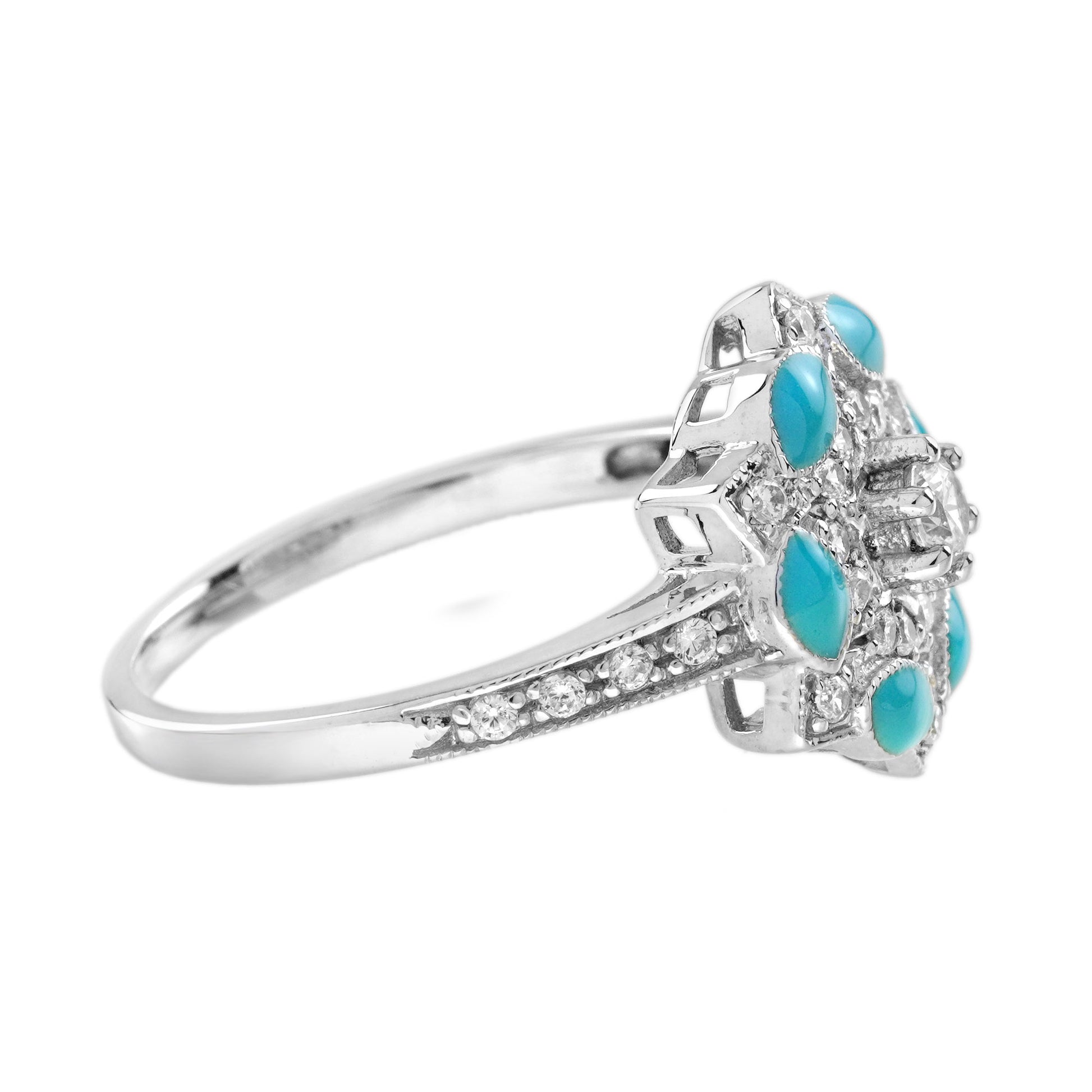 Diamond Blue Enamel Art Deco Style Floral Halo Earring Ring & Pendant Set