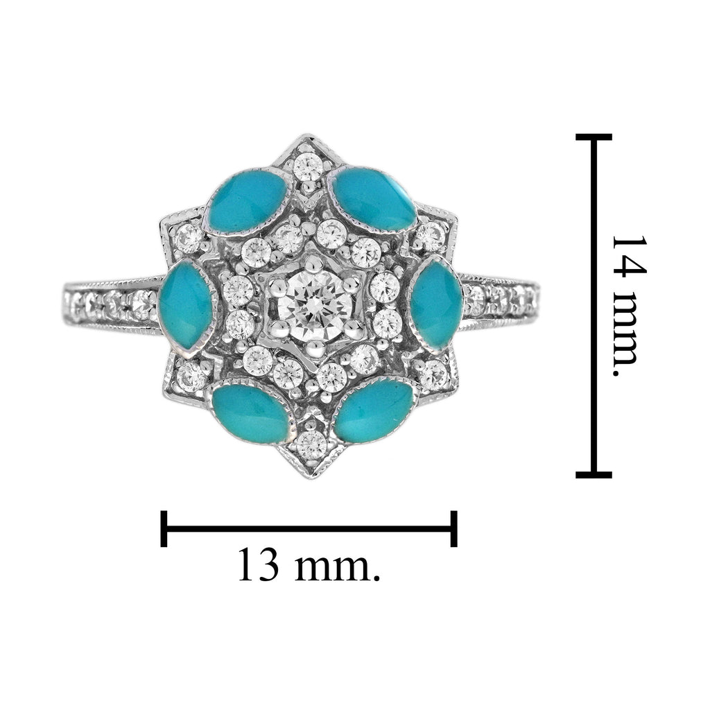 Diamond & Blue Enamel Art Deco Style Floral Flower Cluster White Gold Ring