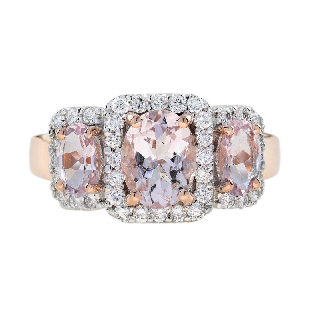 Oval Shape Pink Morganite & Diamond Vintage Style Three Stone Rose Gold Ring
