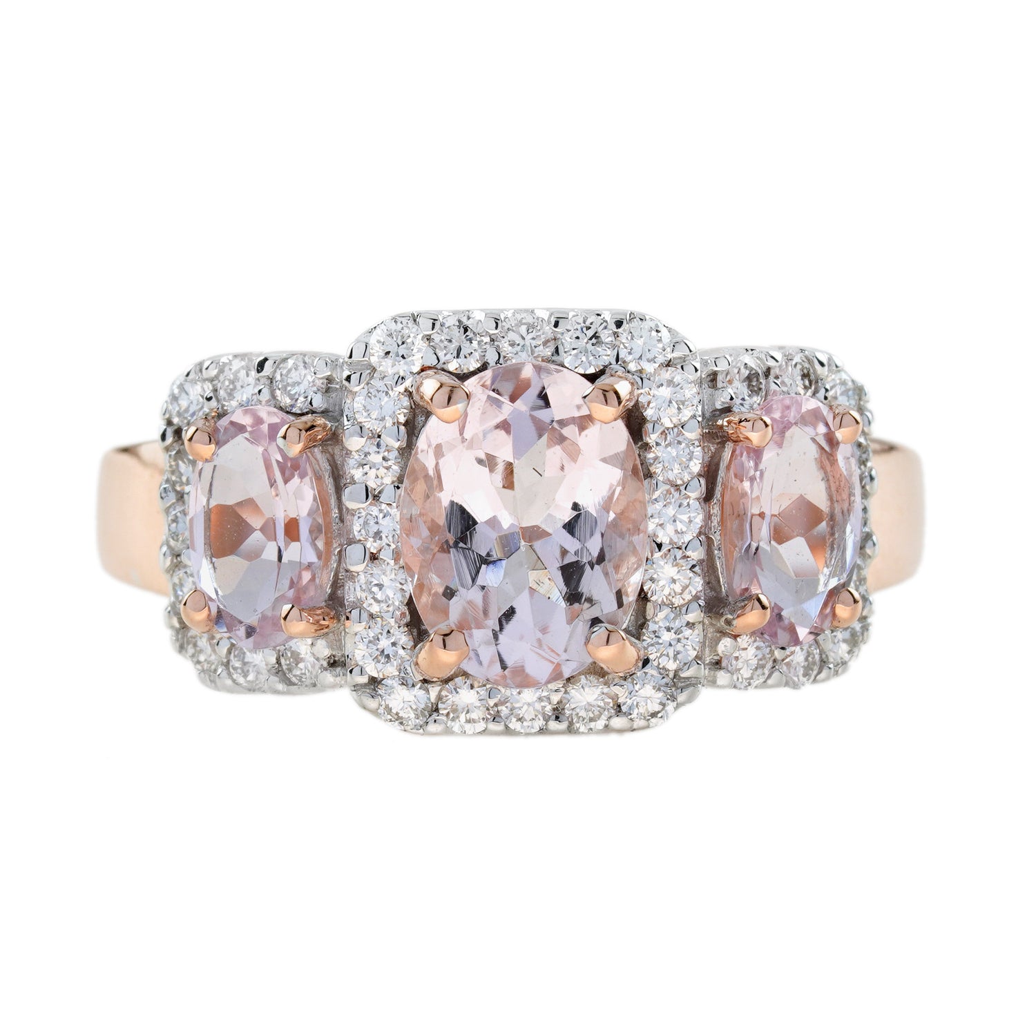 Oval Shape Pink Morganite &amp; Diamond Vintage Style Three Stone Rose Gold Ring