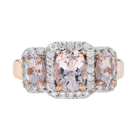 Oval Shape Pink Morganite & Diamond Vintage Style Three Stone Rose Gold Ring