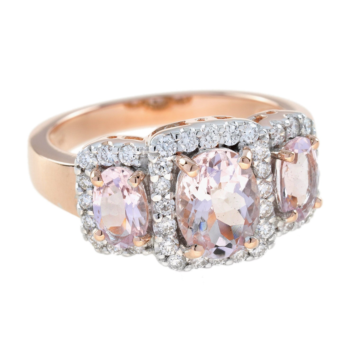 Oval Shape Pink Morganite &amp; Diamond Vintage Style Three Stone Rose Gold Ring