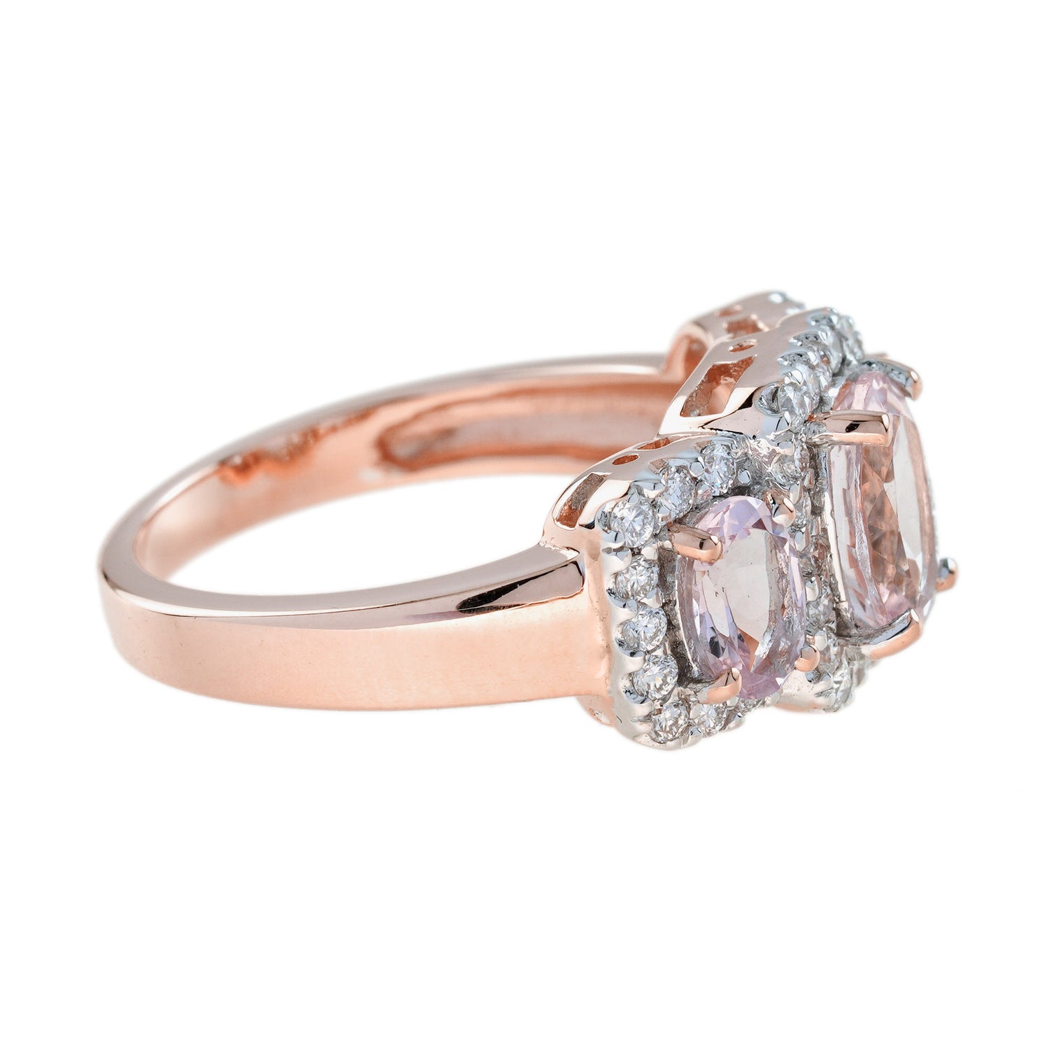 Oval Shape Pink Morganite &amp; Diamond Vintage Style Three Stone Rose Gold Ring