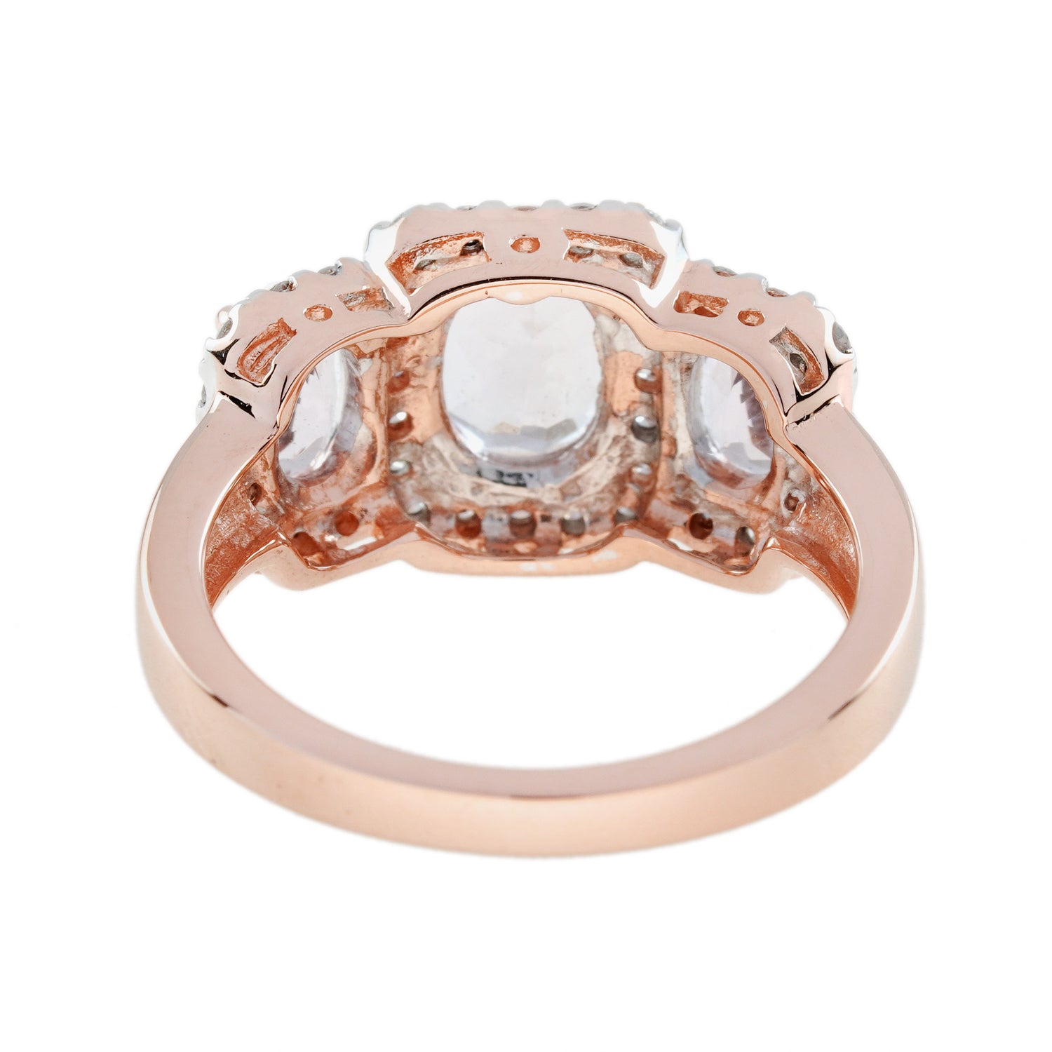 Oval Shape Pink Morganite &amp; Diamond Vintage Style Three Stone Rose Gold Ring