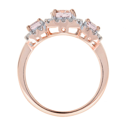 Oval Shape Pink Morganite &amp; Diamond Vintage Style Three Stone Rose Gold Ring