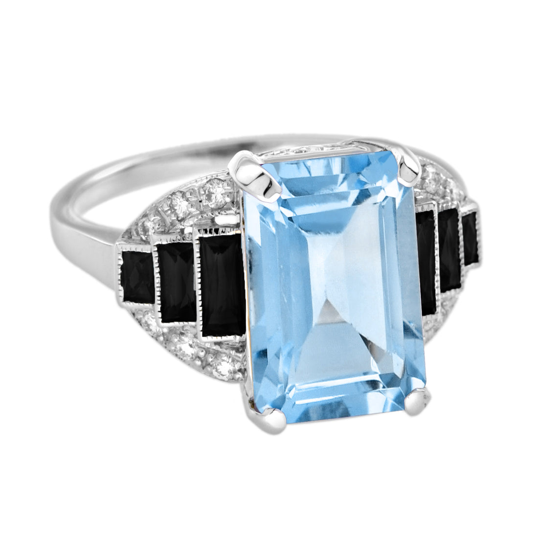Blue Topaz & Black Onyx Diamond Art Deco Style Step Shoulder White Gold Ring