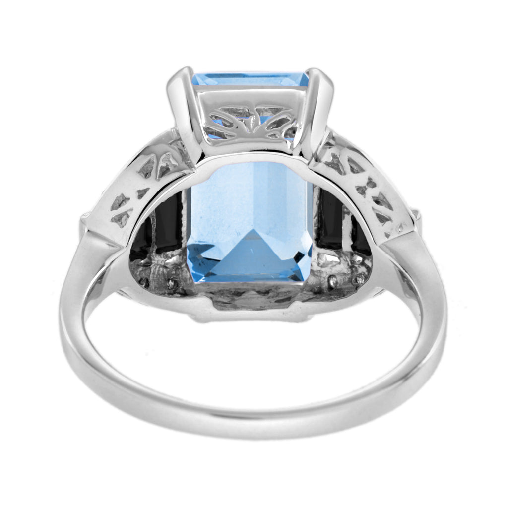 Blue Topaz & Black Onyx Diamond Art Deco Style Step Shoulder White Gold Ring