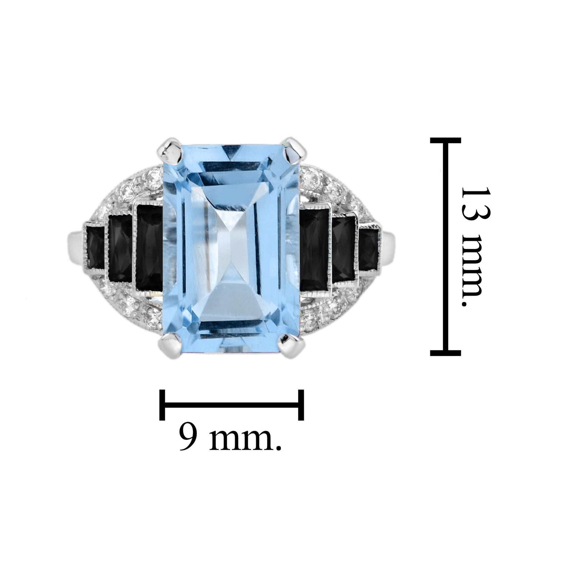 Blue Topaz & Black Onyx Diamond Art Deco Style Step Shoulder White Gold Ring