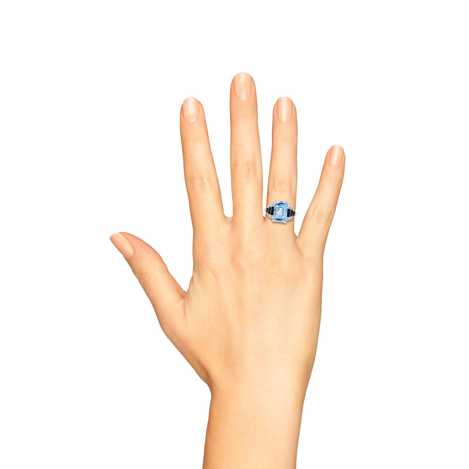 Blue Topaz & Black Onyx Diamond Art Deco Style Step Shoulder White Gold Ring