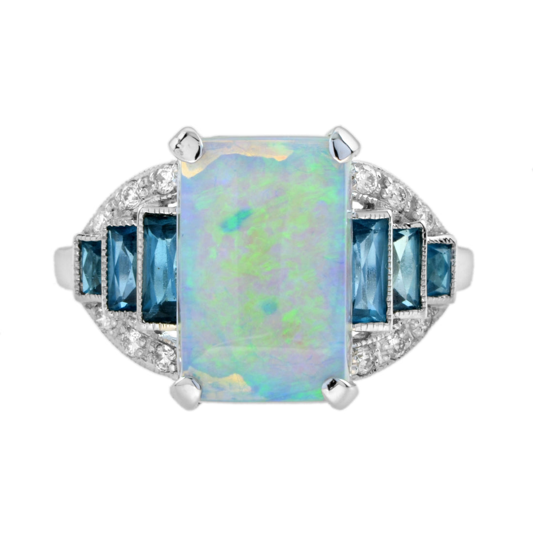 White Blue Opal & London Blue Topaz Diamond Art Deco Style 14K White Gold Ring