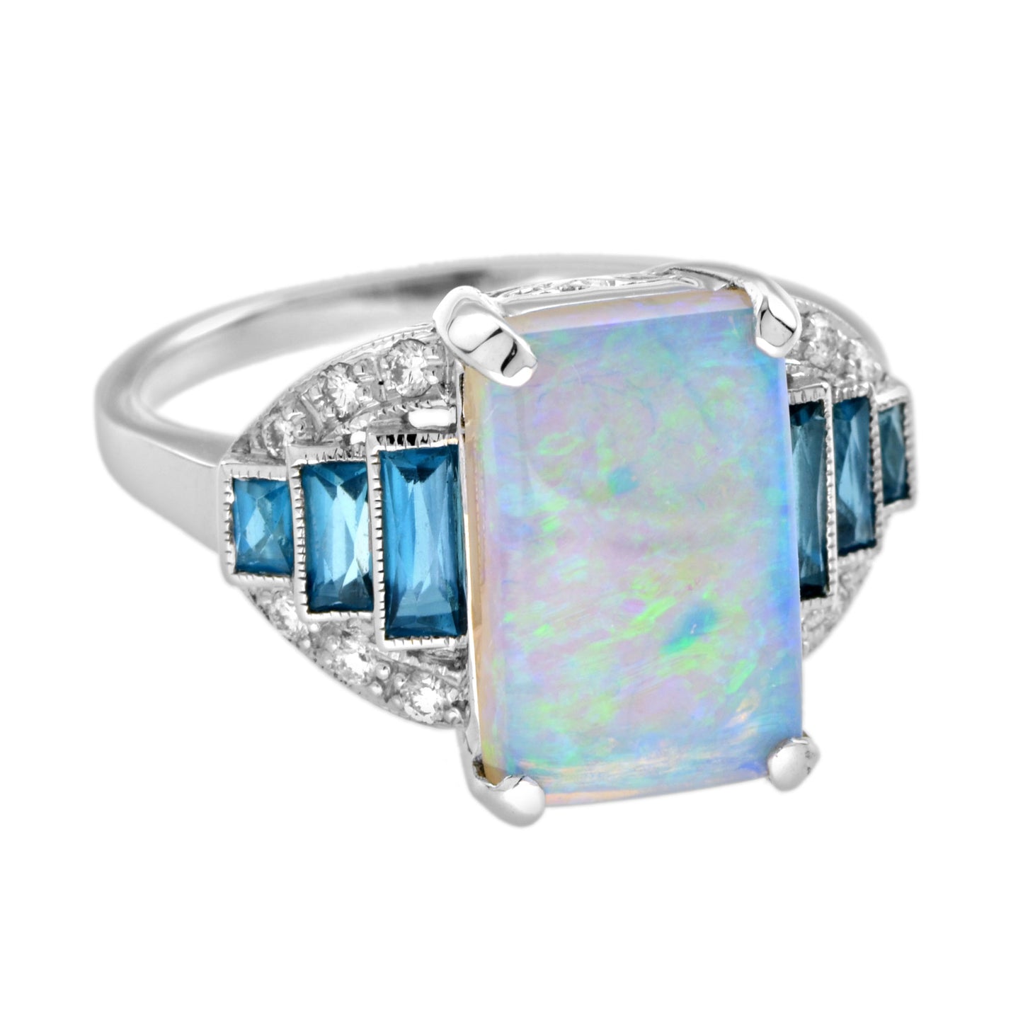white blue opal & london blue topaz diamond art deco style 14k white gold ring