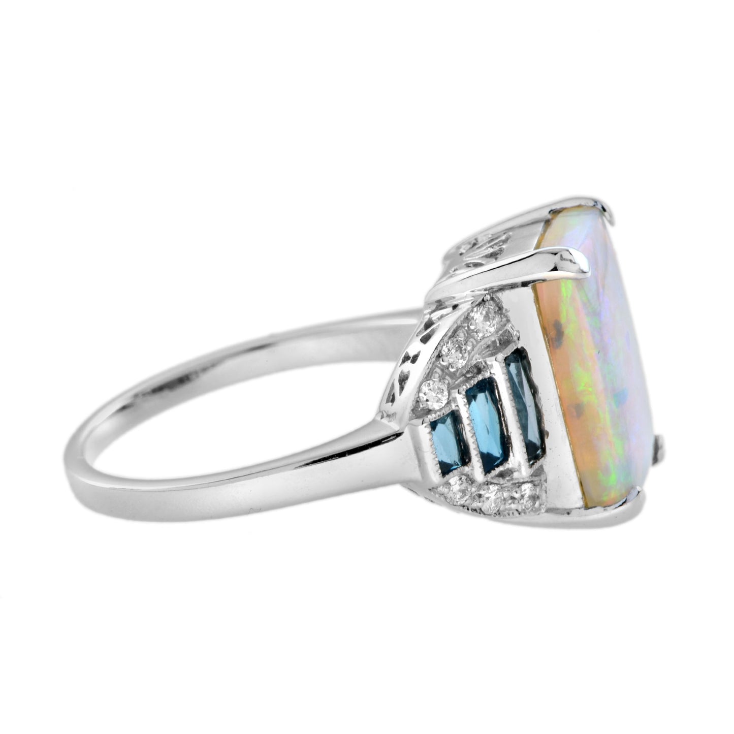 white blue opal & london blue topaz diamond art deco style 14k white gold ring