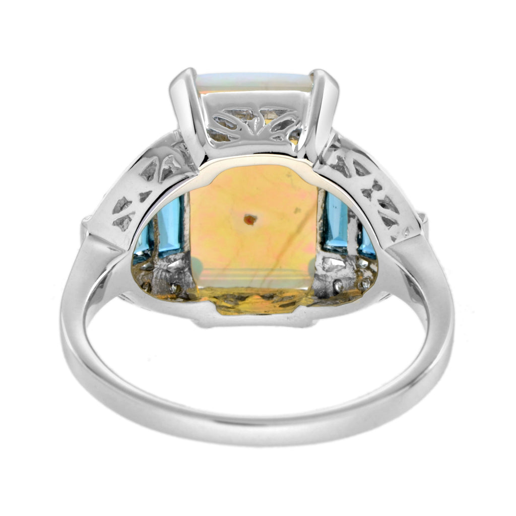 White Blue Opal & London Blue Topaz Diamond Art Deco Style 14K White Gold Ring