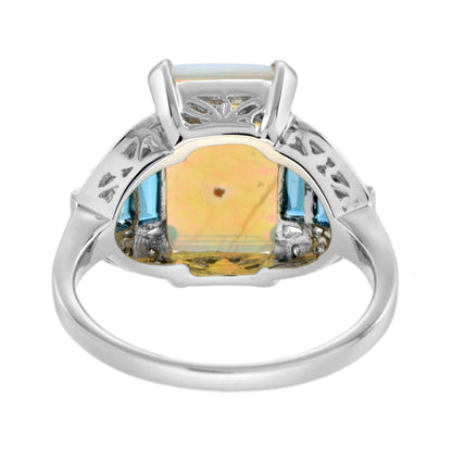 White Blue Opal & London Blue Topaz Diamond Art Deco Style 14K White Gold Ring