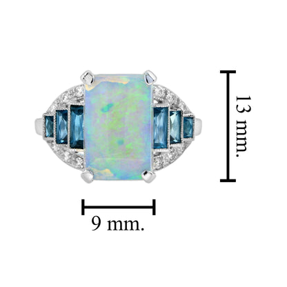 White Blue Opal & London Blue Topaz Diamond Art Deco Style 14K White Gold Ring
