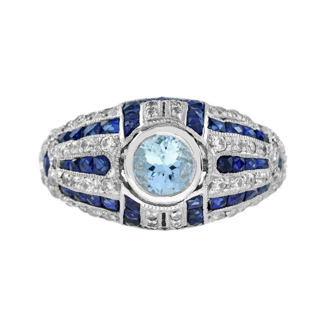 Round Aquamarine Blue Sapphire Diamond Art Deco Style Dome 18K White Gold Ring