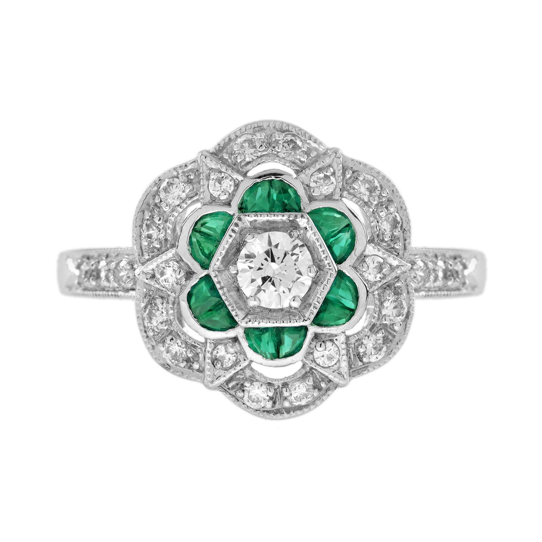 Diamond & Green Emerald Art Deco Style Floral Engagement 14K White Gold Ring