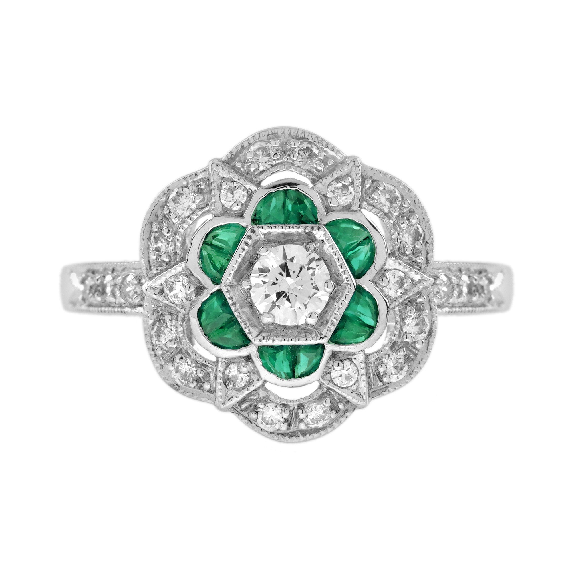 Diamond &amp; Green Emerald Art Deco Style Floral Engagement 14K White Gold Ring