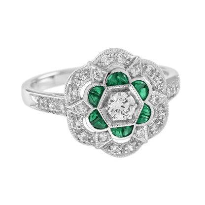 Diamond &amp; Green Emerald Art Deco Style Floral Engagement 14K White Gold Ring