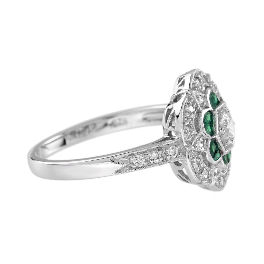 Diamond & Green Emerald Art Deco Style Floral Engagement 14K White Gold Ring