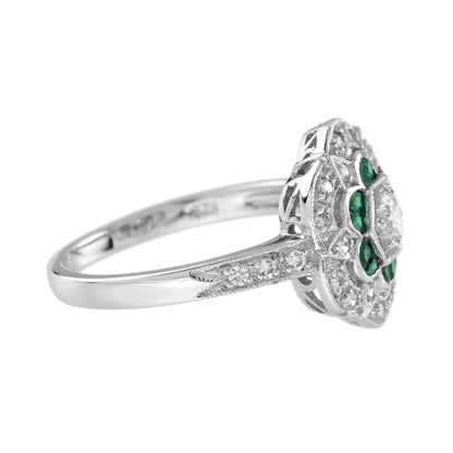 Diamond &amp; Green Emerald Art Deco Style Floral Engagement 14K White Gold Ring