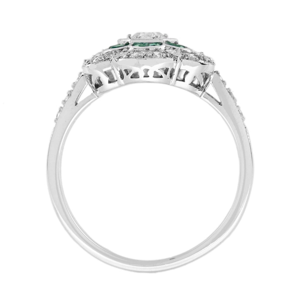 Diamond & Green Emerald Art Deco Style Floral Engagement 14K White Gold Ring