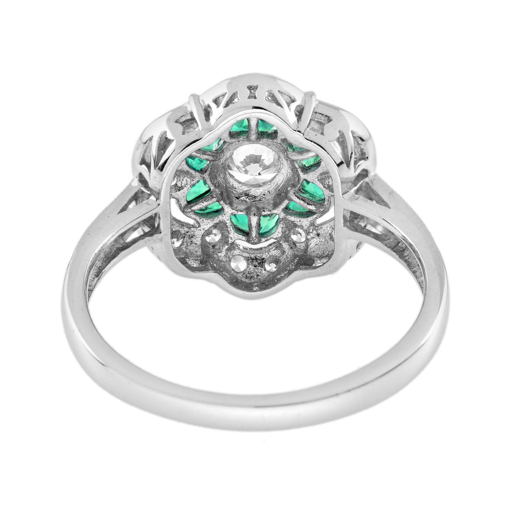 Diamond & Green Emerald Art Deco Style Floral Engagement 14K White Gold Ring