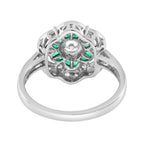 Diamond & Green Emerald Art Deco Style Floral Engagement 14K White Gold Ring