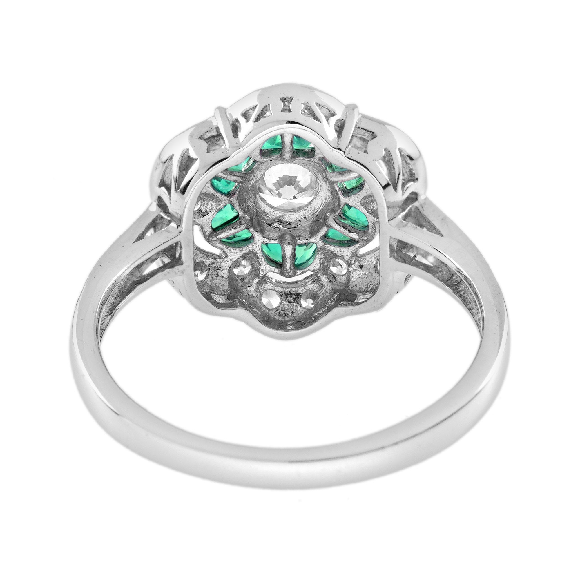 Diamond &amp; Green Emerald Art Deco Style Floral Engagement 14K White Gold Ring