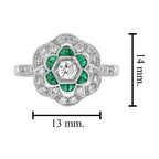 Diamond & Green Emerald Art Deco Style Floral Engagement 14K White Gold Ring