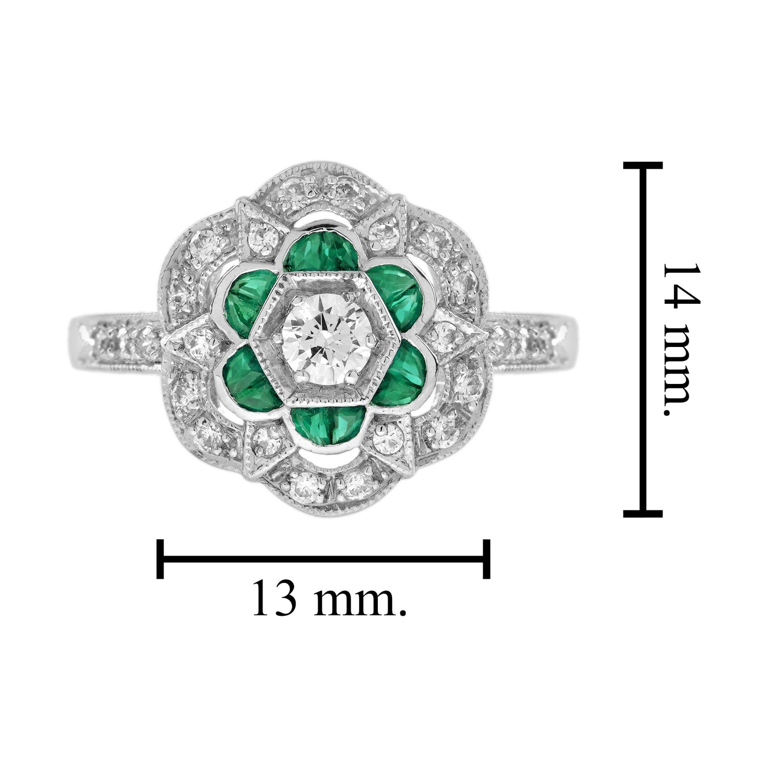 Diamond &amp; Green Emerald Art Deco Style Floral Engagement 14K White Gold Ring