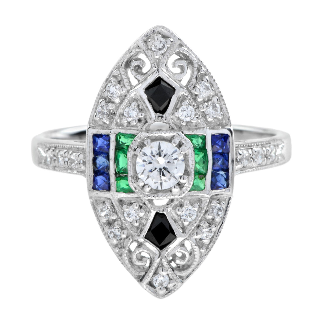 Art Deco Style Diamond Emerald & Sapphire Onyx Marquise Shape 18KW Gold Ring