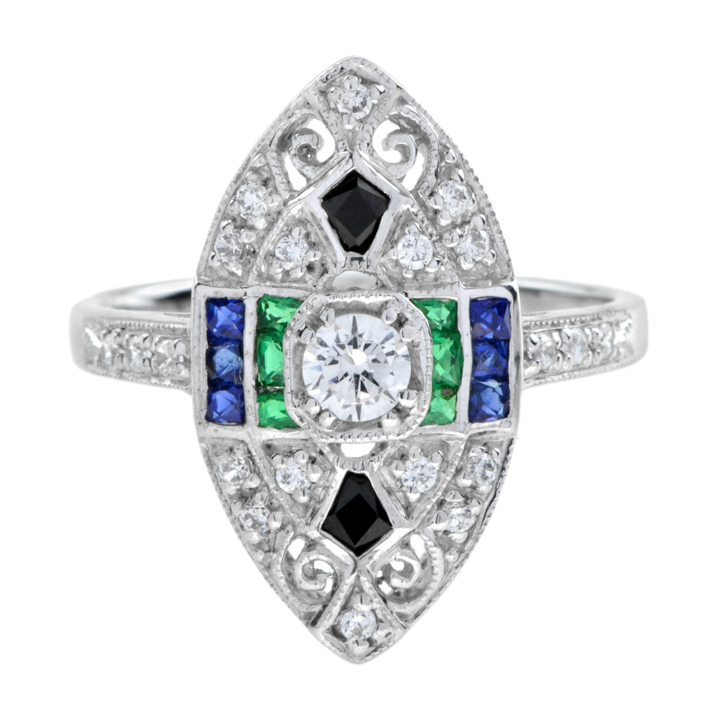 0.90 ctw Art Deco Style Diamond, Blue Sapphire, Emerald & Onyx Ring 18K White Gold