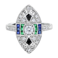 0.90 ctw Art Deco Style Diamond, Blue Sapphire, Emerald & Onyx Ring 18K White Gold