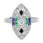 0.90 ctw Art Deco Style Diamond, Blue Sapphire, Emerald & Onyx Ring 18K White Gold